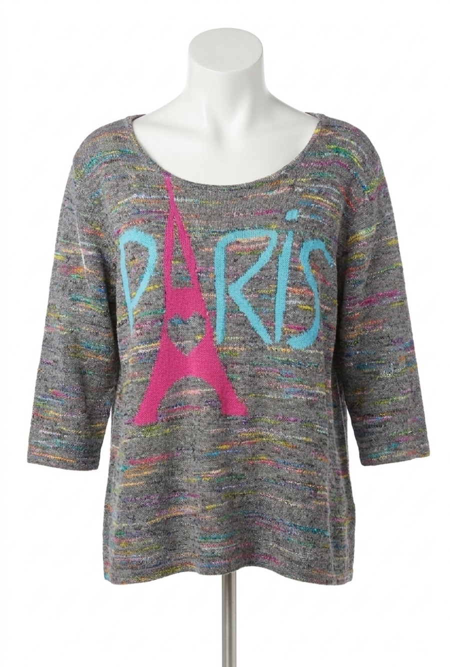 NEW ANGEL paris melange back button sweater in gray multi
